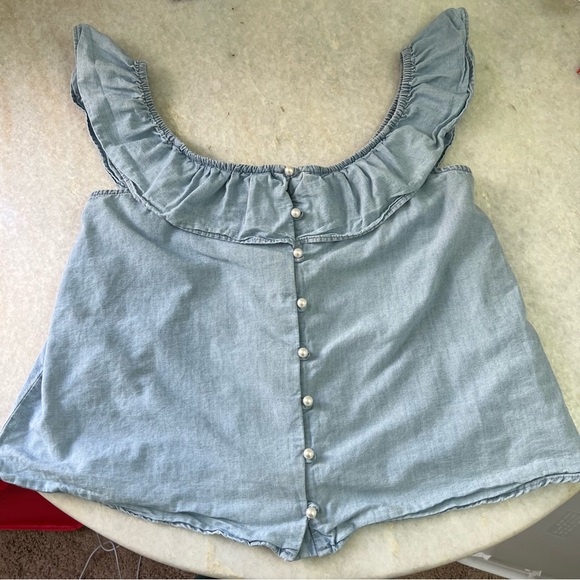 Mango Denim Pearl Ruffle Button Down Coquette Off the Shoulder Tank Top Size XS - Picture 3 of 7
